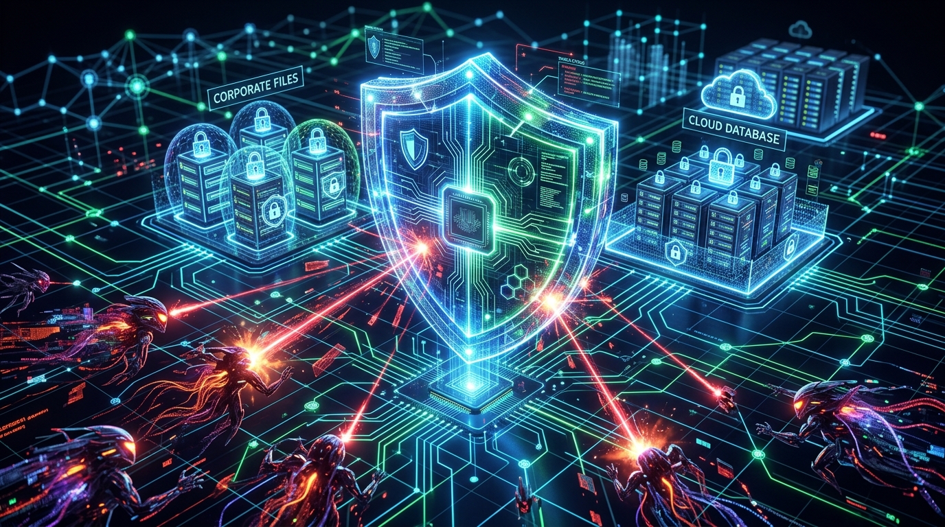 Escudo holográfico de ciberseguridad agéntica protegiendo datos corporativos y repositorios cloud