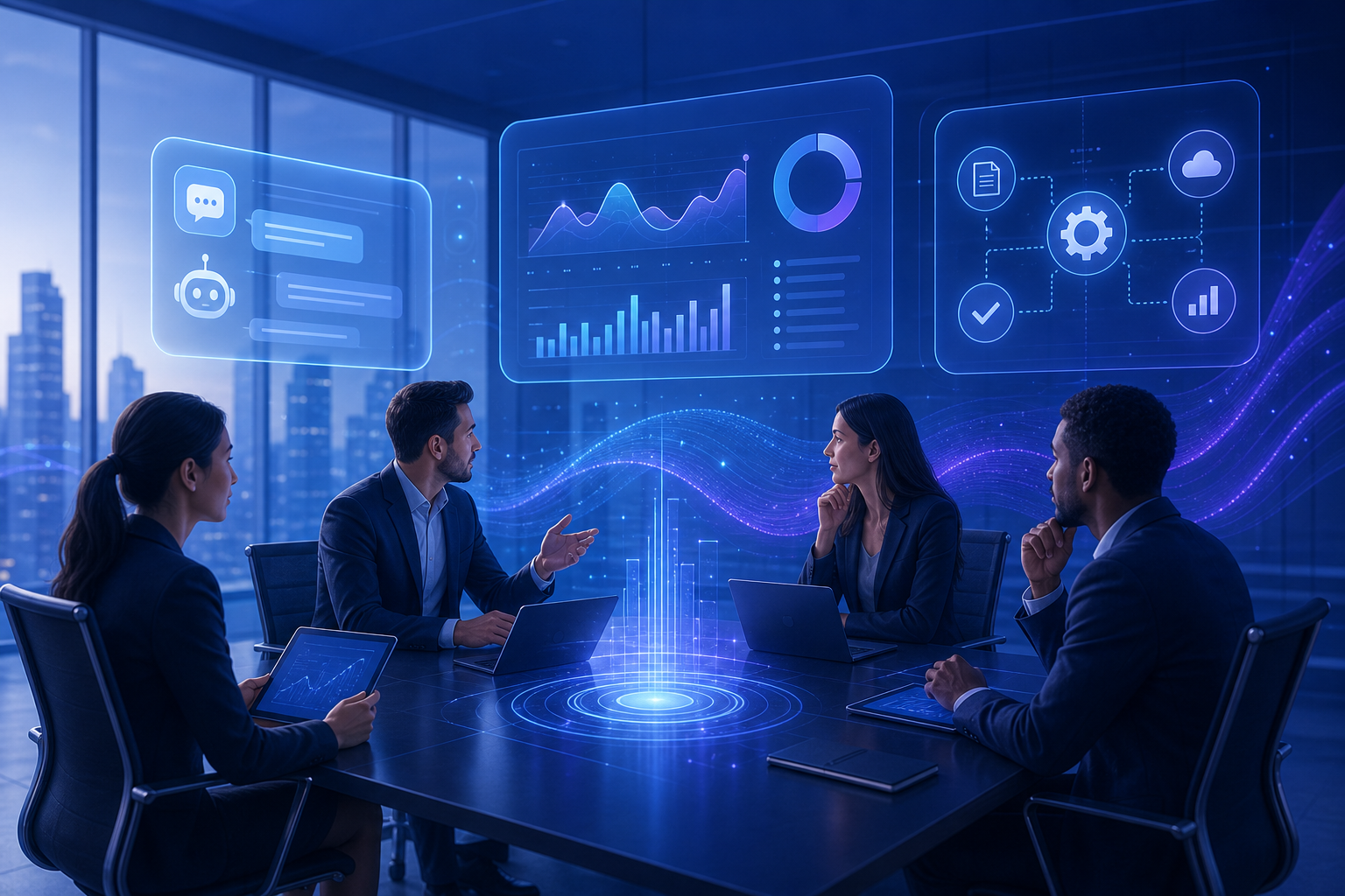 Directivos en reunión utilizando herramientas de inteligencia artificial para empresas
