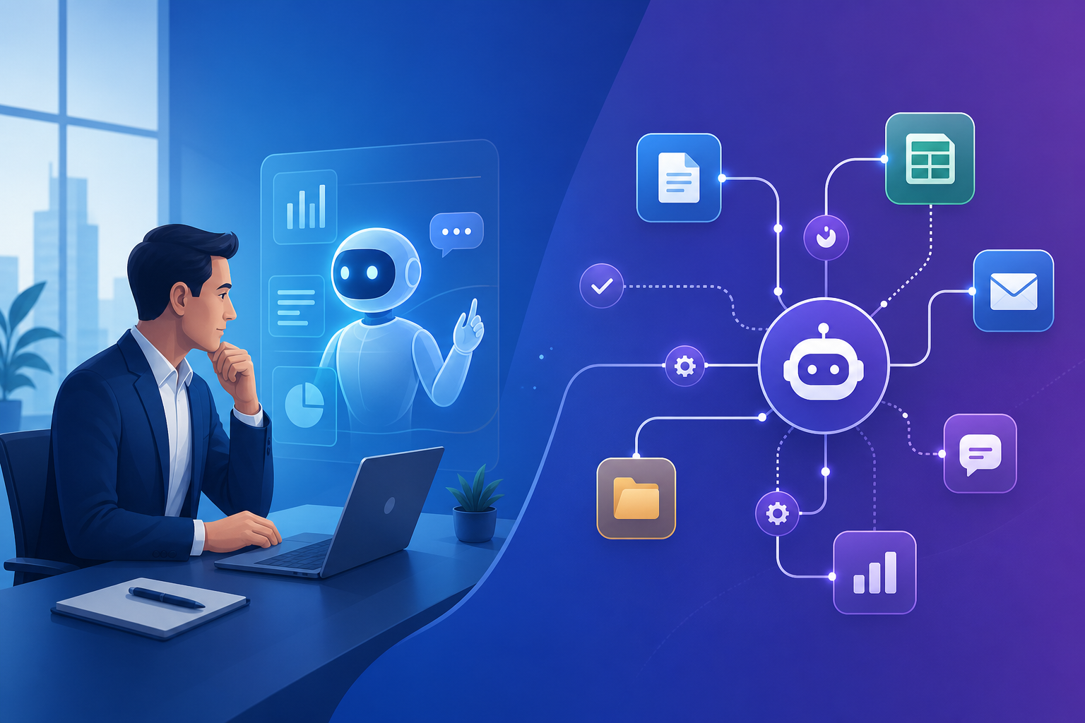 Esquema de herramientas de inteligencia artificial para directivos: asistente conversacional y flujos automatizados