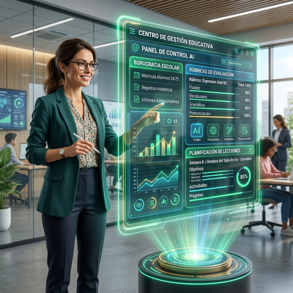 Docente organizando burocracia escolar mediante inteligencia artificial en 2026