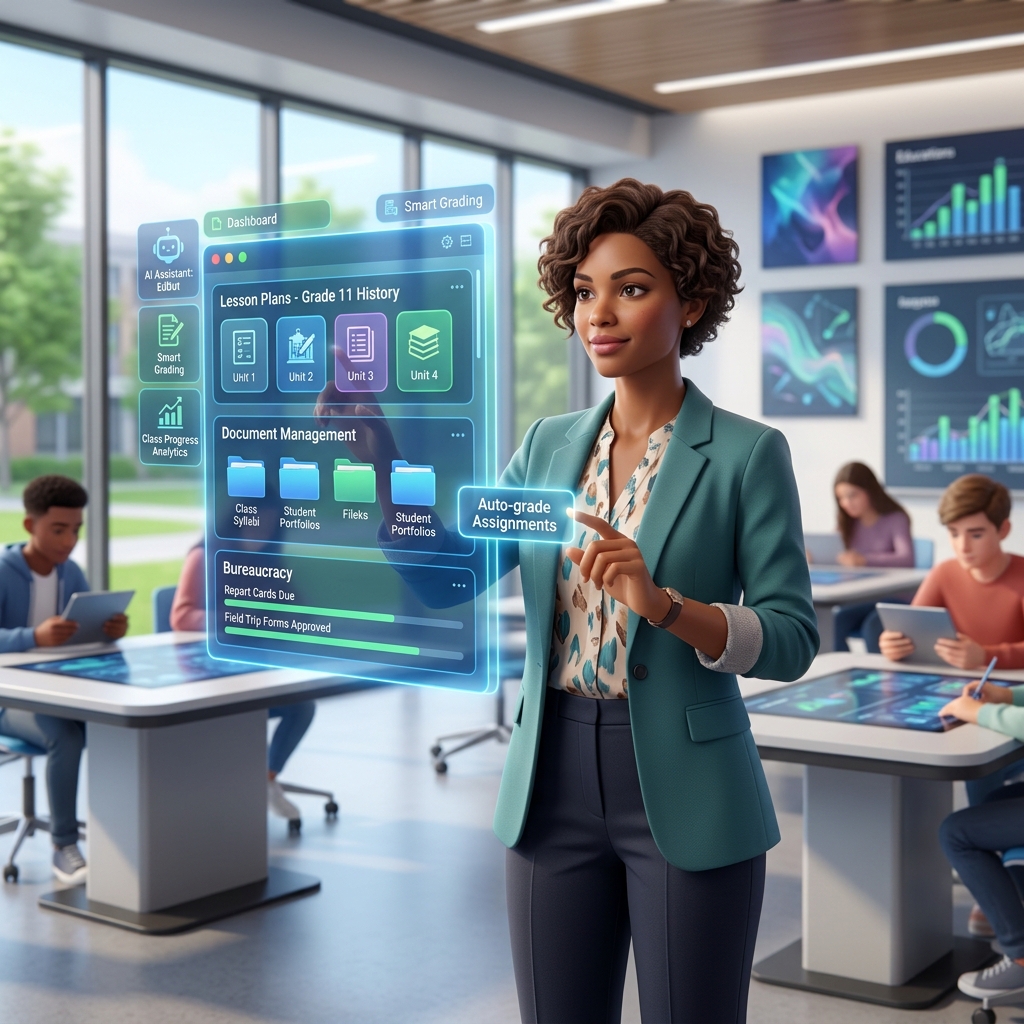 Docente usando inteligencia artificial en el aula para reducir burocracia educativa