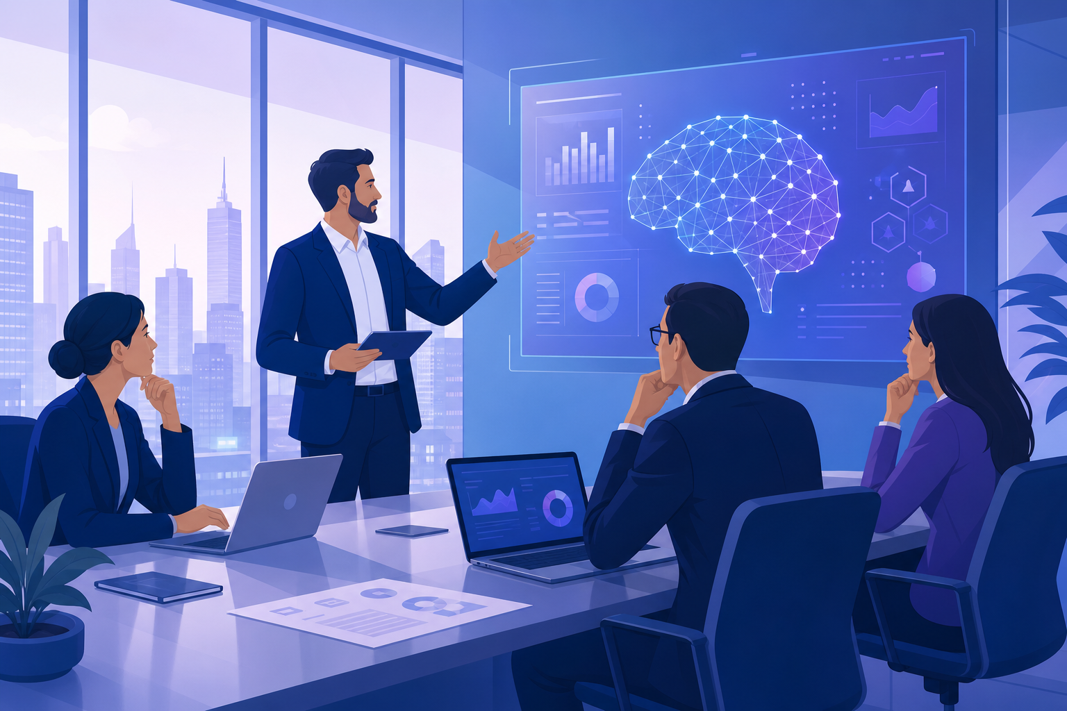Directivos liderando la implementación de inteligencia artificial en empresas