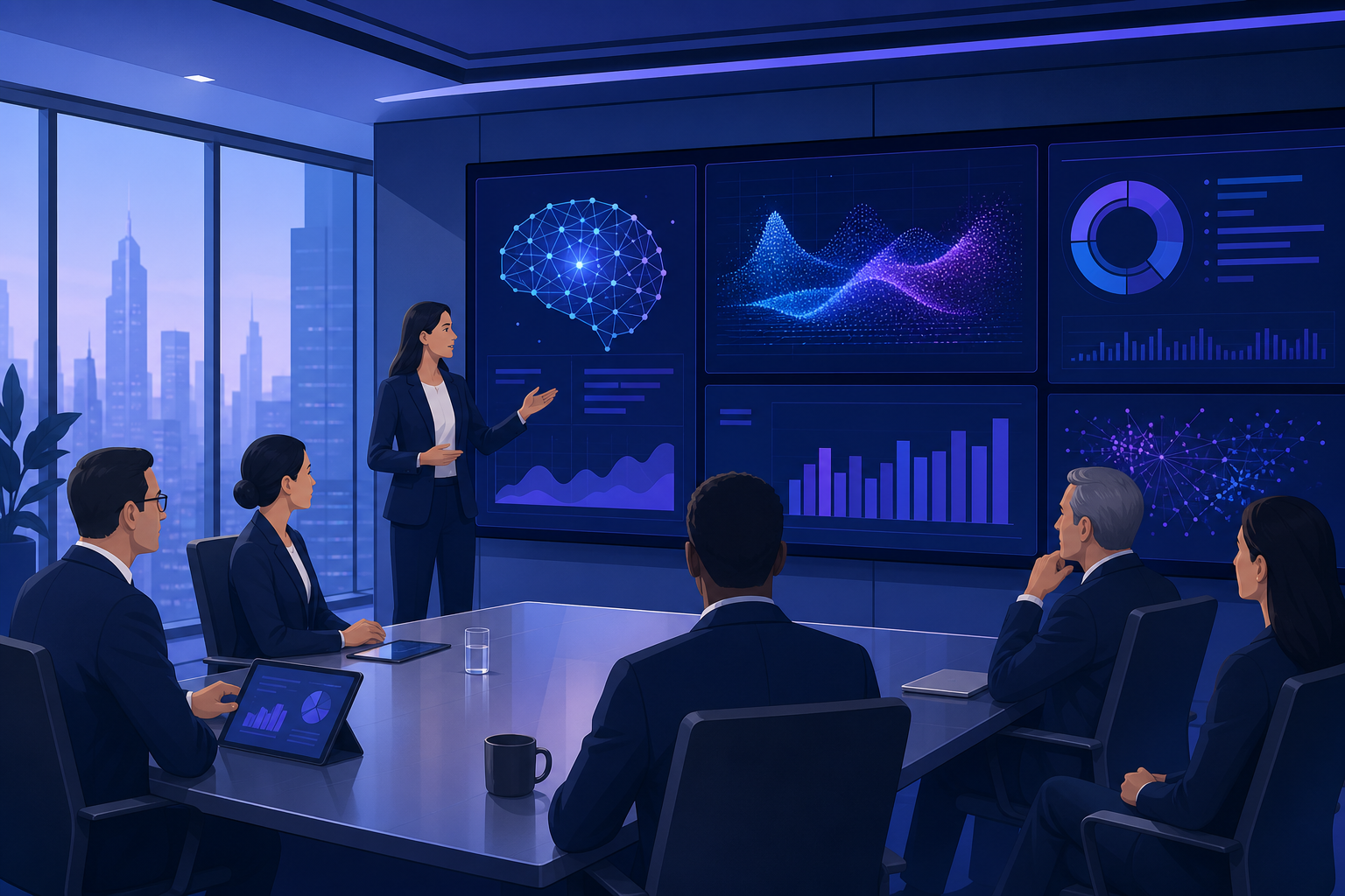 Comité de dirección analizando las ventajas competitivas de la inteligencia artificial en la empresa