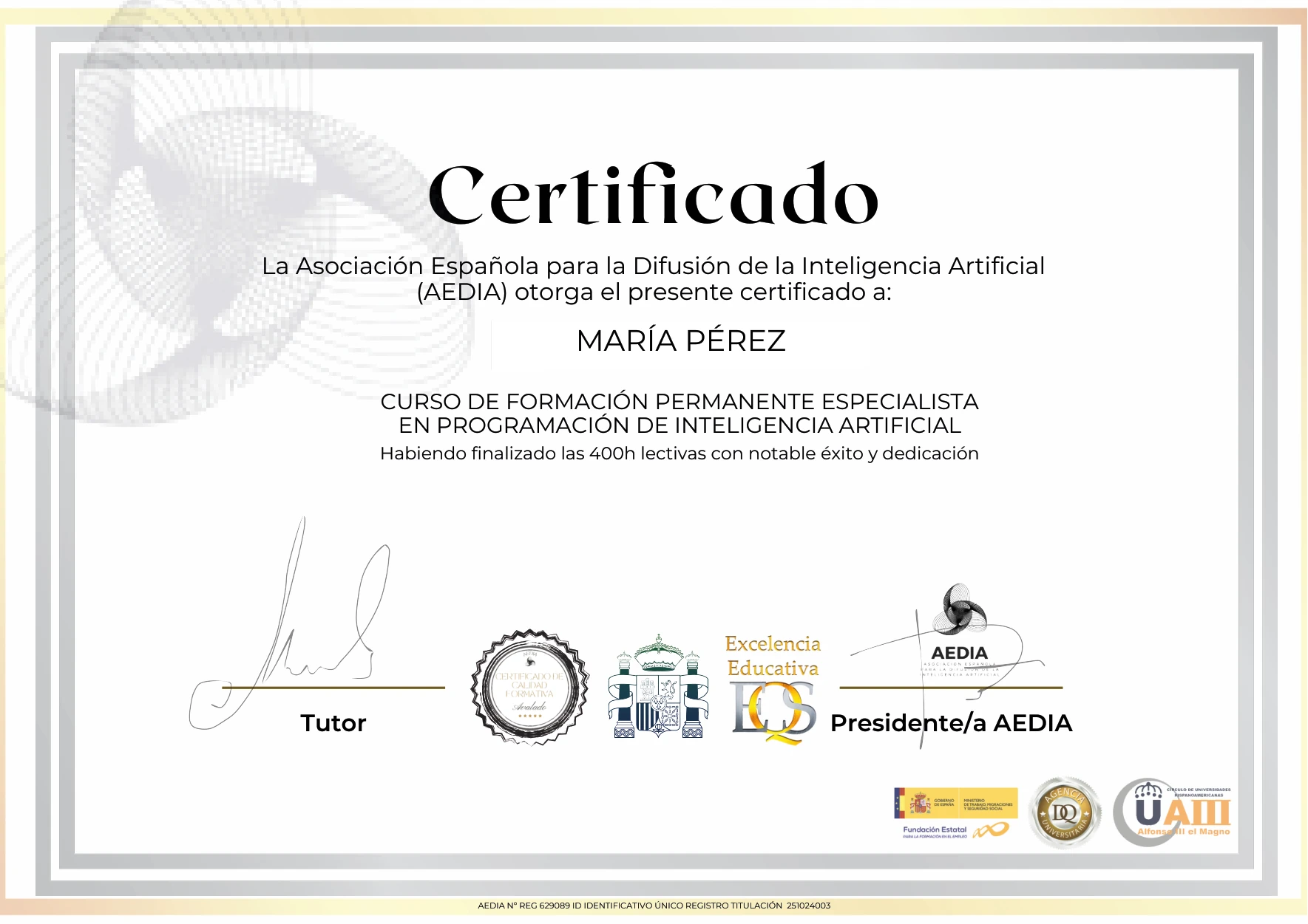 Ejemplo de certificado AEDIA expedido a María Pérez